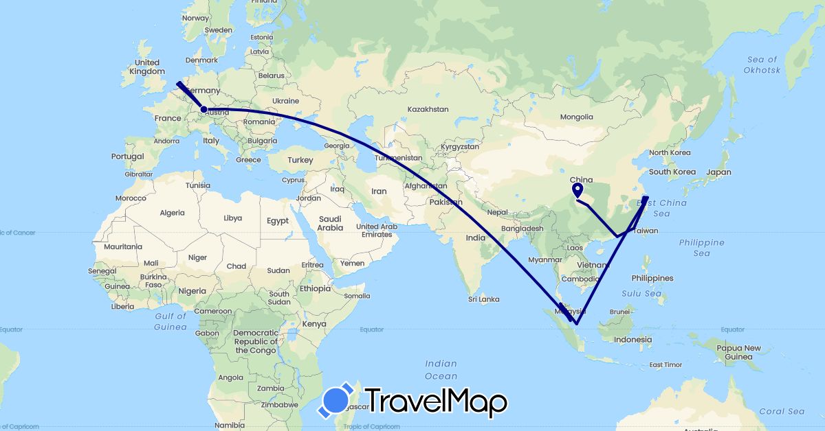 TravelMap itinerary: driving in China, Germany, Malaysia, Netherlands, Singapore (Asia, Europe)